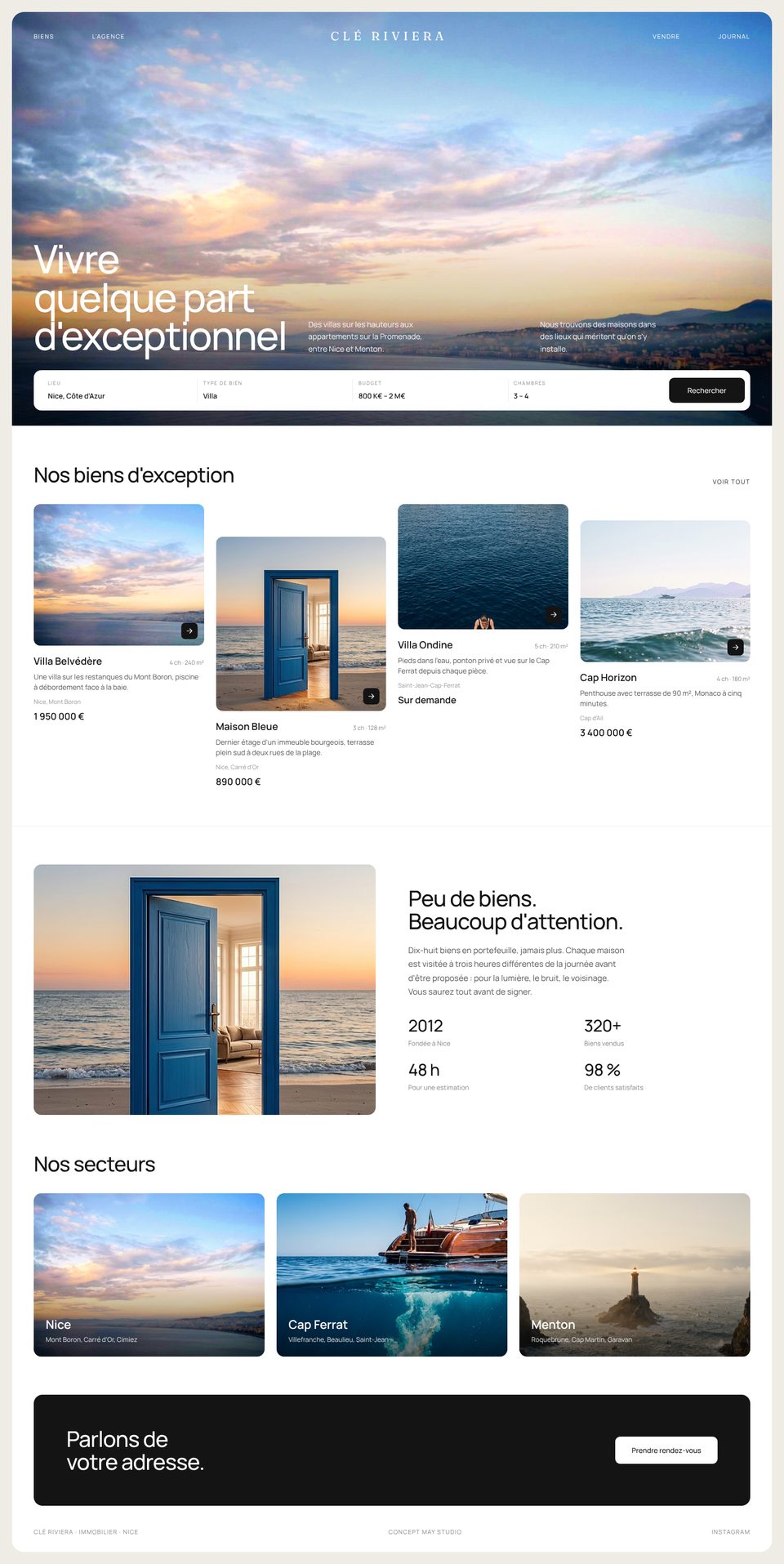 Page d'accueil du site Clé Riviera, version ordinateur